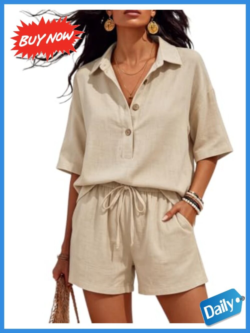 2 Piece Linen Short Set Cotton Button Down Shirt Matching Shorts Beach Outfit